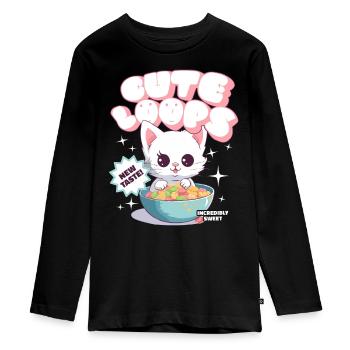 Cute Loops Kawaii Katze Cornflakes Müsli - Teenager Premium Bio Langarmshirt - Schwarz - Vorne - AI Model Kid Female (0cm)
