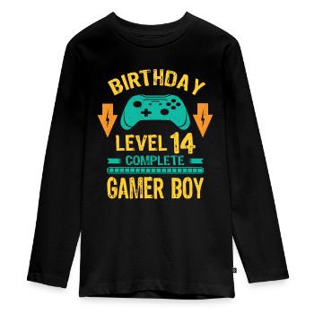 Fourteen 14yr BDay Son Boy Funny Gamer 14th 14 - Teenager Premium Organic Long Sleeve Shirt - black - Front - AI Model Kid Female (0cm)