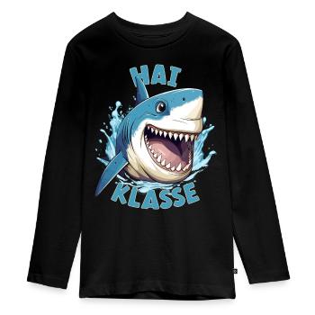 Cartoon Haiklasse Grundschule Klassentier Hai - Teenager Premium Bio Langarmshirt - Schwarz - Vorne - AI Model Kid Female (0cm)