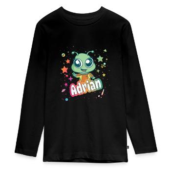 ADRIAN - Beautiful boy name with cute alien - Teenager Premium Organic Long Sleeve Shirt - black - Front - AI Model Kid Female (0cm)