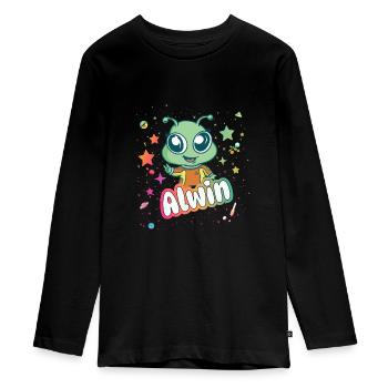 ALWIN - Beautiful boy name with cute alien - Teenager Premium Organic Long Sleeve Shirt - black - Front - AI Model Kid Female (0cm)