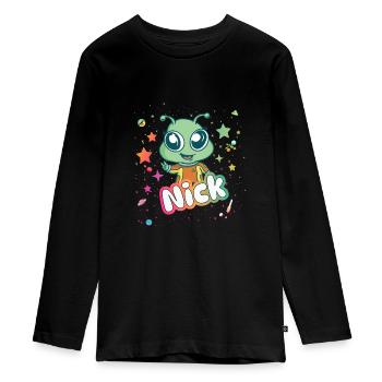 NICK - Beautiful boy name with cute alien - Teenager Premium Organic Long Sleeve Shirt - black - Front - AI Model Kid Female (0cm)