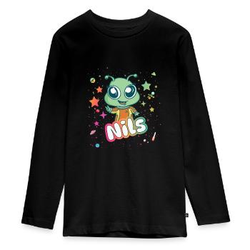 NILS - Beautiful boy name with cute alien - Teenager Premium Organic Long Sleeve Shirt - black - Front - AI Model Kid Female (0cm)