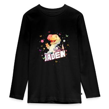JADEN - Beautiful boy name with cute DINO T-REX - Teenager Premium Organic Long Sleeve Shirt - black - Front - AI Model Kid Female (0cm)