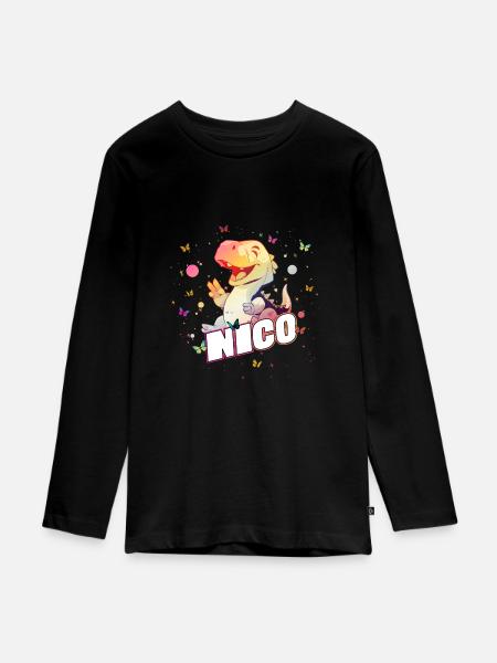 NICO - Beautiful boy name with cute DINO T-REX - Teenager Premium Organic Long Sleeve Shirt - black