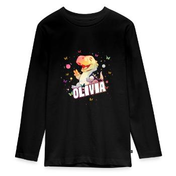 OLIVIA - Beautiful GIRL name with cute DINO T-REX - Teenager Premium Organic Long Sleeve Shirt - black - Front - AI Model Kid Female (0cm)