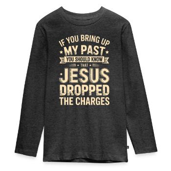 My Past: Jesus Acquitted - Teenager Premium Organic Long Sleeve Shirt - heather anthracite - Front - AI Model Kid Female (0cm)