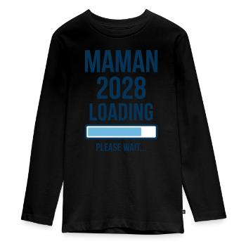 Schwangerschaftsankündigung Mama 2028 lädt - Teenager Premium Bio Langarmshirt - Schwarz - Vorne - AI Model Kid Female (0cm)