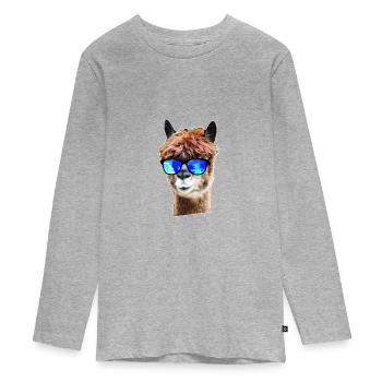 Lama Alpaka Shirts - Lama mit Sonnenbrille - Cool - Teenager Premium Bio Langarmshirt - Grau meliert - Vorne