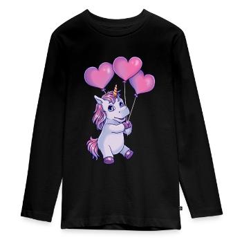 Einhorn mit Herzen Ballon Valentinstag - Teenager Premium Bio Langarmshirt - Schwarz - Vorne - AI Model Kid Female (0cm)