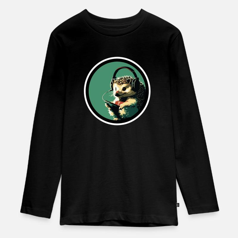 Hérisson avec écouteurs - T-shirt manches longues Premium Ado - noir