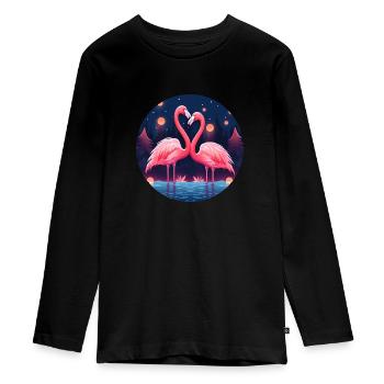 Flamingo Flock Tropical, Liebe Flamingos - Teenager Premium Bio Langarmshirt - Schwarz - Vorne - AI Model Kid Female (0cm)