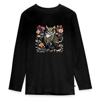 Eule mit Rosenblüten Ranken in Holzschnittoptik - Teenager Premium Bio Langarmshirt - Schwarz - Vorne - AI Model Kid Female (0cm)