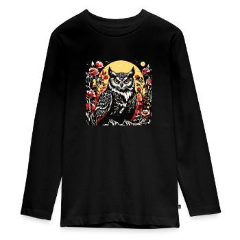 Eule mit Rosenblüten Ranken in Holzschnittoptik - Teenager Premium Bio Langarmshirt - Schwarz - Vorne - AI Model Kid Female (0cm)