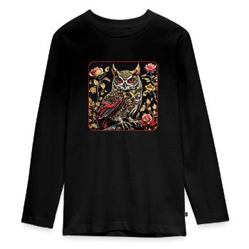 Hibou avec des vrilles de pétales de rose en aspect gravure sur bois - T-shirt manches longues Premium Ado - noir - Devant - AI Model Kid Female (0cm)