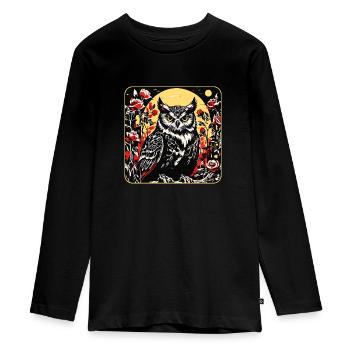 Eule mit Rosenblüten Ranken in Holzschnittoptik - Teenager Premium Bio Langarmshirt - Schwarz - Vorne - AI Model Kid Female (0cm)