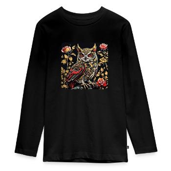 Eule mit Rosenblüten Ranken in Holzschnittoptik - Teenager Premium Bio Langarmshirt - Schwarz - Vorne - AI Model Kid Female (0cm)