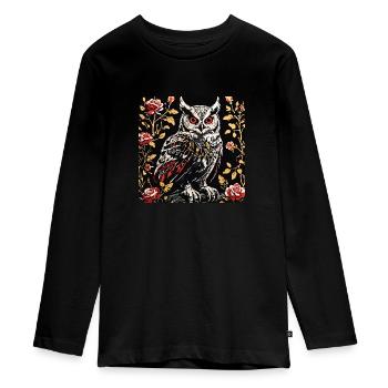 Eule mit Rosenblüten Ranken in Holzschnittoptik - Teenager Premium Bio Langarmshirt - Schwarz - Vorne - AI Model Kid Female (0cm)