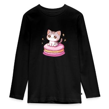 chat macaron - T-shirt manches longues Premium Ado - noir - Devant - AI Model Kid Female (0cm)