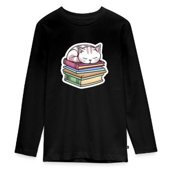 Chat de livre couché - T-shirt manches longues Premium Ado - noir - Devant - AI Model Kid Female (0cm)
