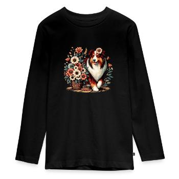 Berger australien Cottage Core Flowers rouge tri - T-shirt manches longues Premium Ado - noir - Devant - AI Model Kid Female (0cm)