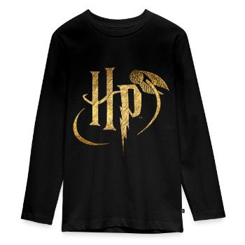 Harry Potter Logo Gold - Teenager Premium Bio Langarmshirt - Schwarz - Vorne - AI Model Kid Female (0cm)