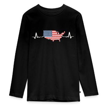 USA Heartbeat Flag America - Teenager Premium Organic Long Sleeve Shirt - black - Front - AI Model Kid Female (0cm)