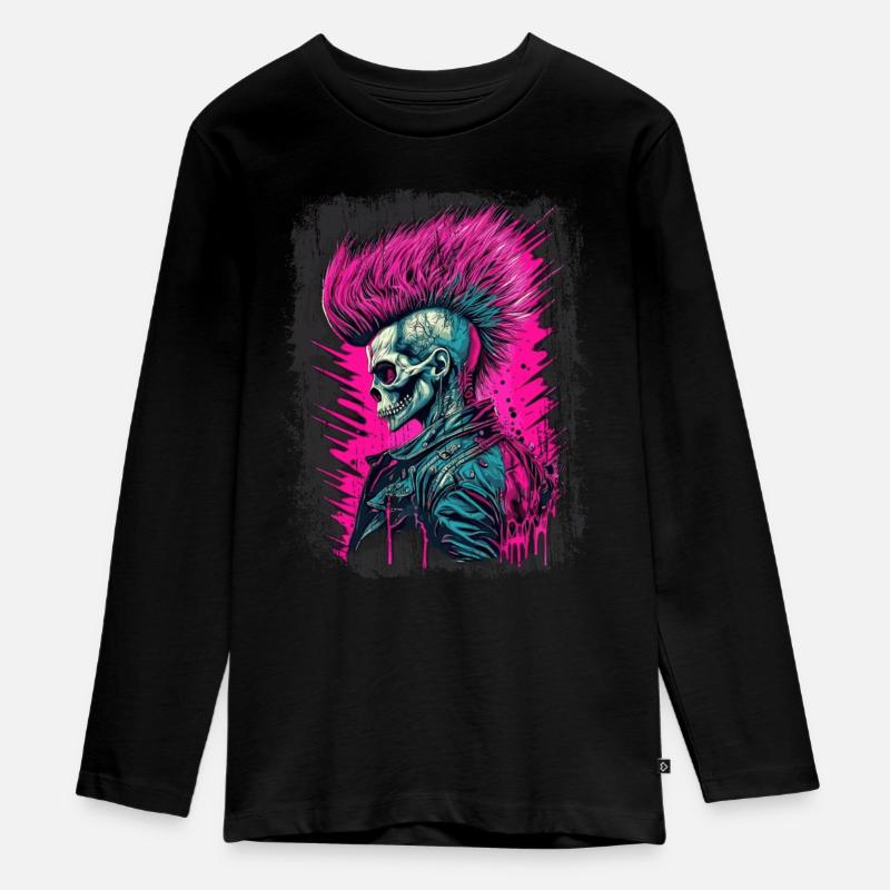 Synthwave Zombie Skull - Teenager Premium Bio Langarmshirt - Schwarz