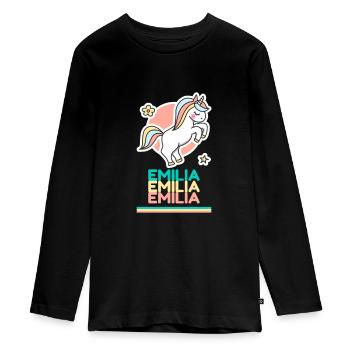 Emilia First Name Gift Sweet Unicorn - Teenager Premium Organic Long Sleeve Shirt - black - Front - AI Model Kid Female (0cm)