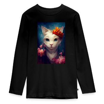Peinture à l’huile de chat angora turc blanc - T-shirt manches longues Premium Ado - noir - Devant - AI Model Kid Female (0cm)
