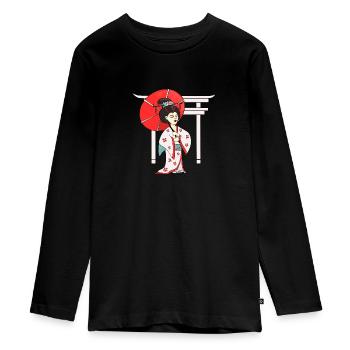 Geisha with parasol and Japanese temple - Teenager Premium Organic Long Sleeve Shirt - black - Front - AI Model Kid Female (0cm)