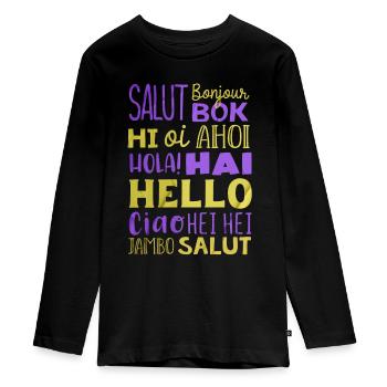 Word Hello Différentes Langues, Professeur de langue - T-shirt manches longues Premium Ado - noir - Devant - AI Model Kid Female (0cm)