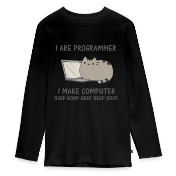 Programierer lustige Katze Computer Nerd - Teenager Premium Bio Langarmshirt - Schwarz - Vorne - AI Model Kid Female (0cm)