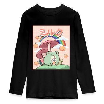 Cottagecore Esthétique Kawaii Frog Peach Milk - T-shirt manches longues Premium Ado - noir - Devant - AI Model Kid Female (0cm)