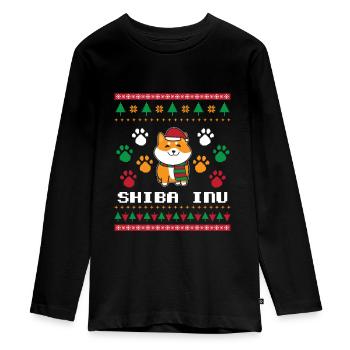 Shiba Inu Ugly Christmas Knitting Pattern Gift - Teenager Premium Organic Long Sleeve Shirt - black - Front - AI Model Kid Female (0cm)