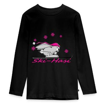 Skihase Schnee süßer Hase Ski Winter Comic lustig - Teenager Premium Bio Langarmshirt - Schwarz - Vorne - AI Model Kid Female (0cm)