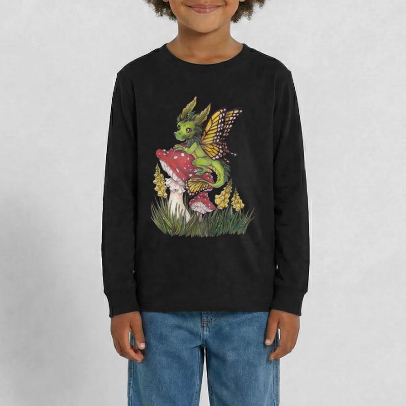 Forest Dragon on Toadstool Cute Butterfly Teenager Premium Organic Long Sleeve Shirt