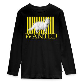 Wanted Punk katze auf gelben Streifen - Teenager Premium Bio Langarmshirt - Schwarz - Vorne - AI Model Kid Female (0cm)