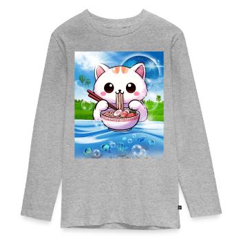 Frutiger Aero Aesthetic Tech Kawaii Ramen Katzenfi - T-shirt manches longues Premium Ado - gris chiné - Devant