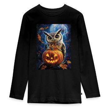 Halloween Geschenk Frauen Eule Männer Kinder Deko - Teenager Premium Bio Langarmshirt - Schwarz - Vorne - AI Model Kid Female (0cm)