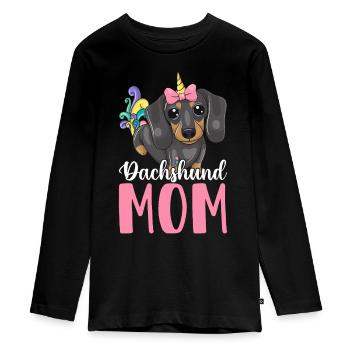 Dackel-Mama Hundemama Grafikdesign für - Teenager Premium Bio Langarmshirt - Schwarz - Vorne - AI Model Kid Female (0cm)