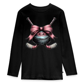 Coquette Bogen Hockeyschläger Puck Mütter Tag rosa - Teenager Premium Bio Langarmshirt - Schwarz - Vorne - AI Model Kid Female (0cm)