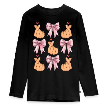 Coquette Bogen Saranghae Kpop Finger Herz Rosa - Teenager Premium Bio Langarmshirt - Schwarz - Vorne - AI Model Kid Female (0cm)