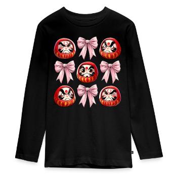 Coquette Bogen Daruma Puppe Japan Rosa Schleife - Teenager Premium Bio Langarmshirt - Schwarz - Vorne - AI Model Kid Female (0cm)