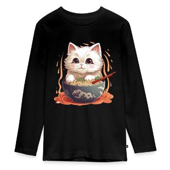 Eine Schüssel Ramen mit einem Gast: einer Kawai-Katze - Teenager Premium Bio Langarmshirt - Schwarz - Vorne - AI Model Kid Female (0cm)