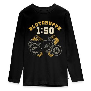 Blutgruppe 1:50 S51,Benzin,Ostalgie, Simson DDR - Teenager Premium Bio Langarmshirt - Schwarz - Vorne - AI Model Kid Female (0cm)