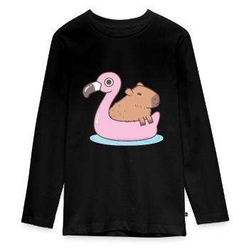Cute Capybara Chilling On Flamingo Pool Float - Teenager Premium Organic Long Sleeve Shirt - black - Front - AI Model Kid Female (0cm)
