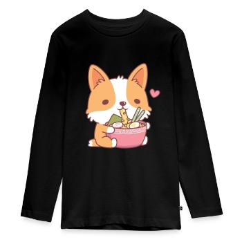 Mignon Corgi mangeant des nouilles ramen japonaises - T-shirt manches longues Premium Ado - noir - Devant - AI Model Kid Female (0cm)
