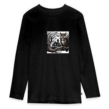 Eule Halloween und Geisterschloss - Teenager Premium Bio Langarmshirt - Schwarz - Vorne - AI Model Kid Female (0cm)