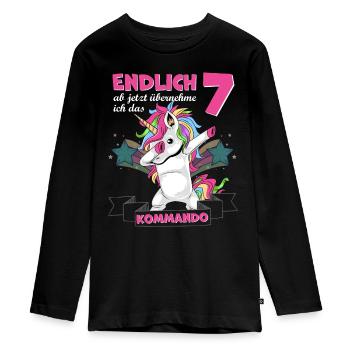 Kinderkleidung, Einhorn zum 7. Geburtstag, 7 Jahre - Teenager Premium Bio Langarmshirt - Schwarz - Vorne - AI Model Kid Female (0cm)